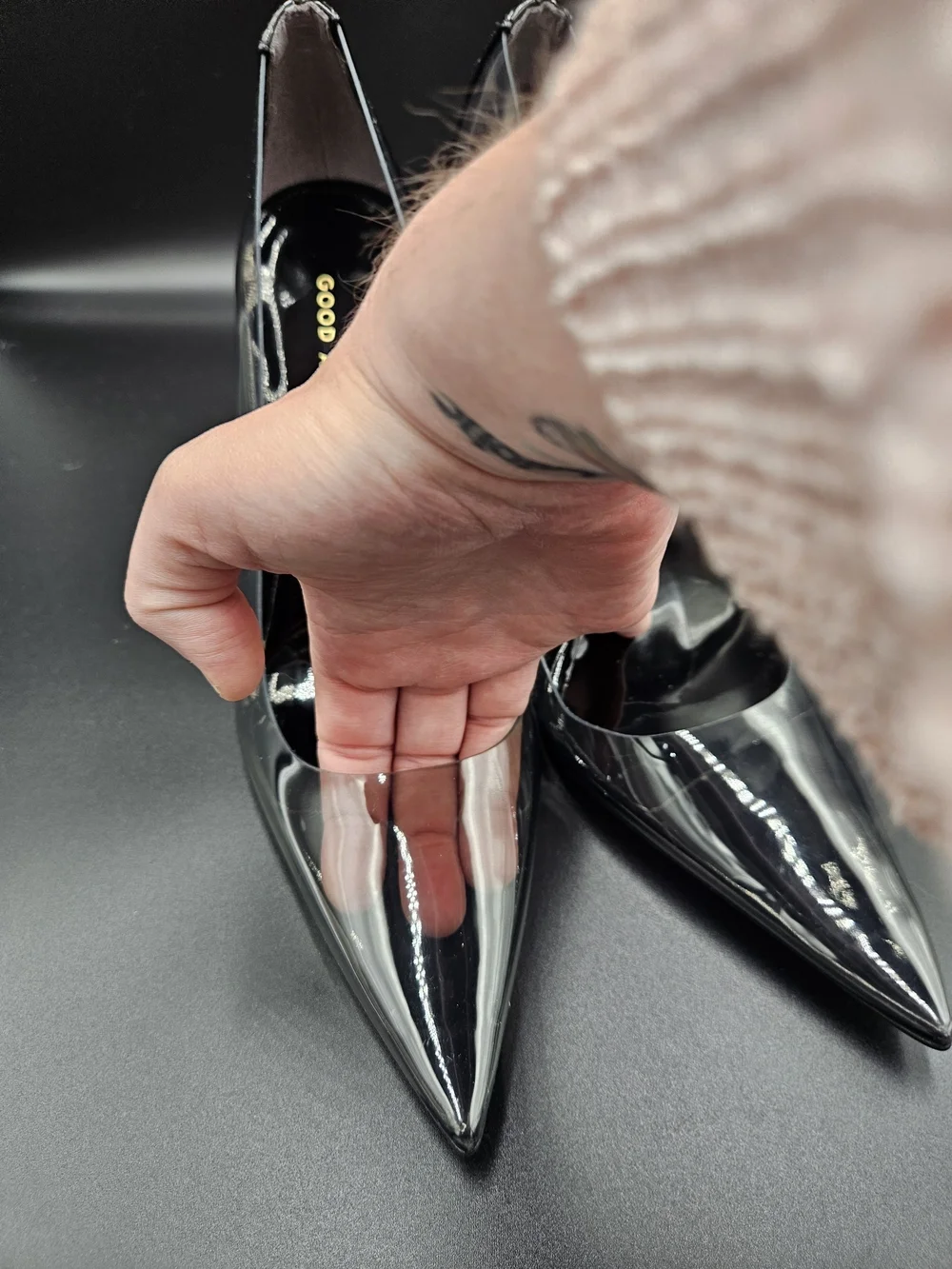 Good American Clear PVC Pointed-Toe Stilettos with Black Trim